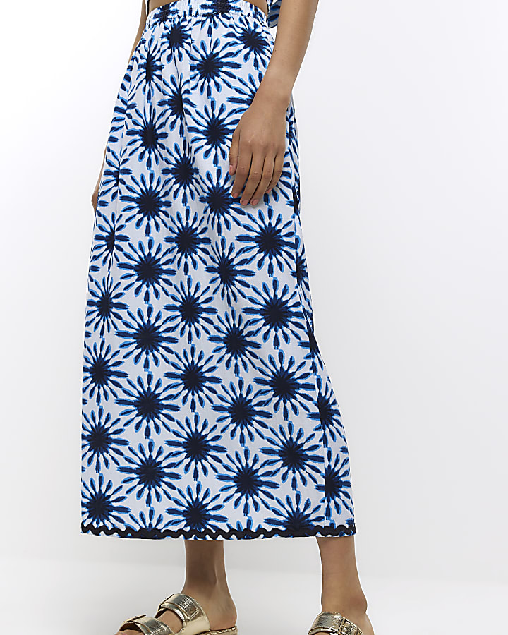 Blue print maxi skirt with linen