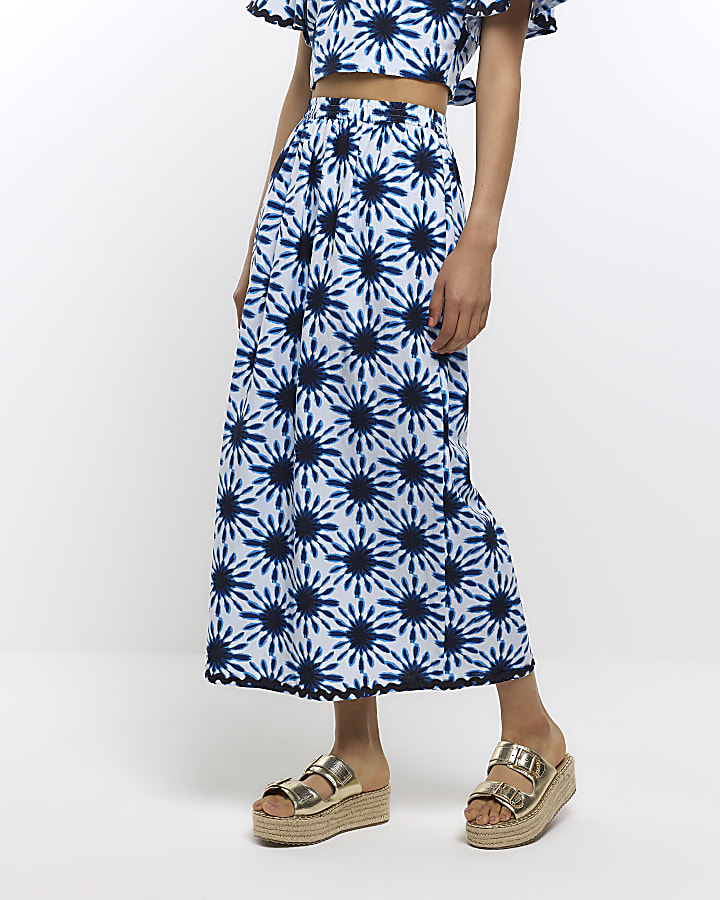 Blue print maxi skirt with linen