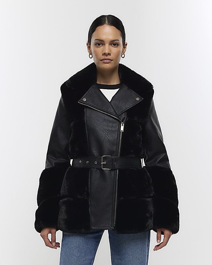 Black faux fur leather jacket hotsell