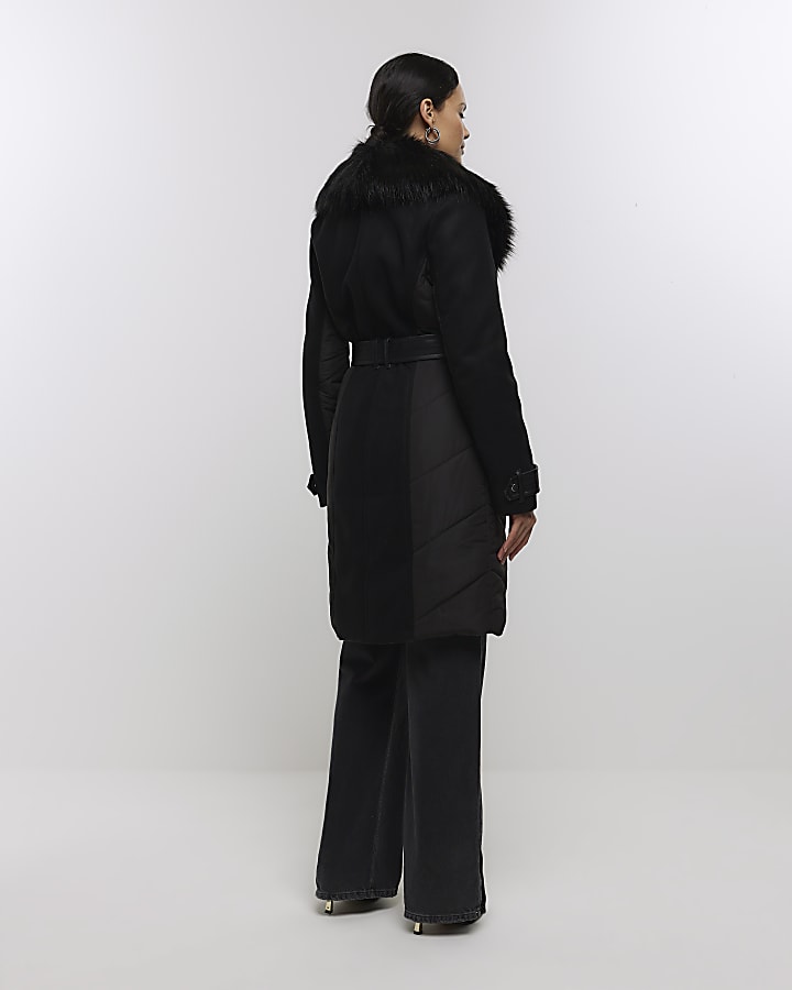 Black faux fur collar belted jacket