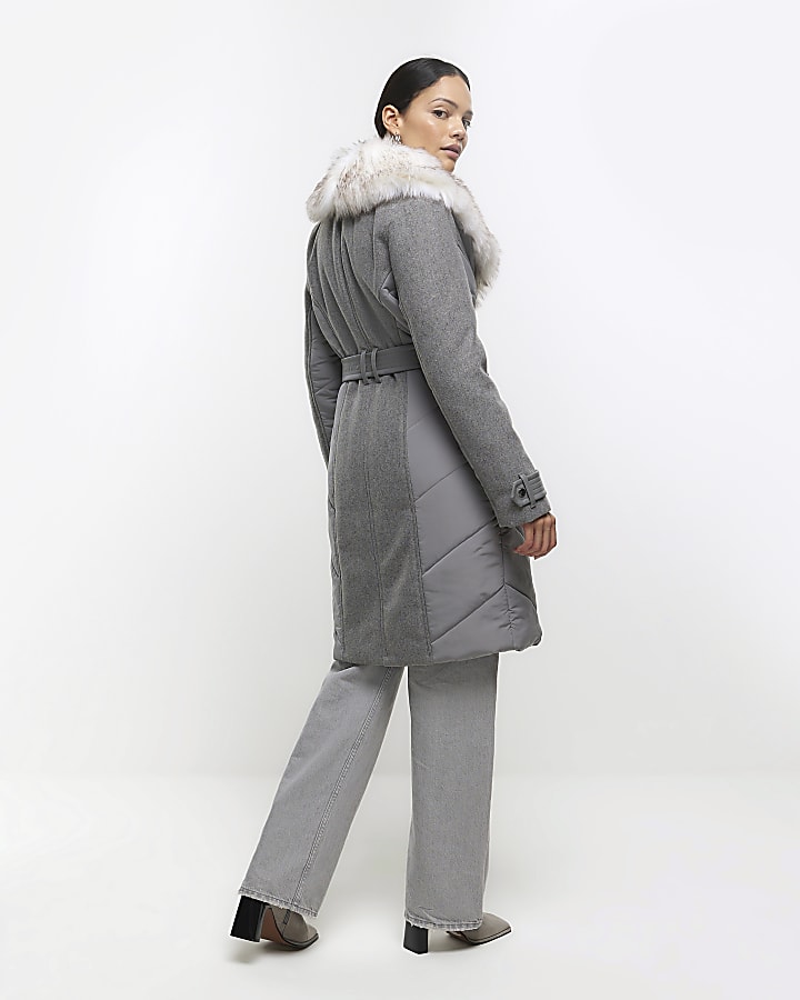 Grey faux fur collar belted jacket