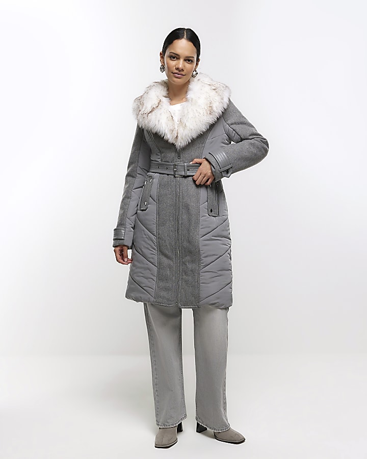 Grey faux fur collar belted jacket