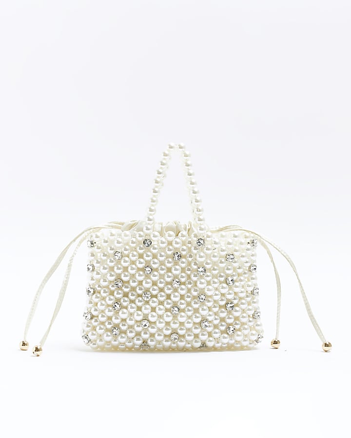 Cream pearl embellished handbag