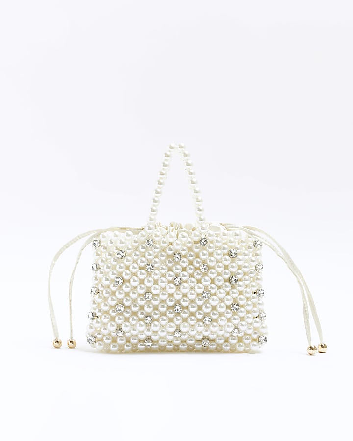 Cream pearl embellished handbag River Island