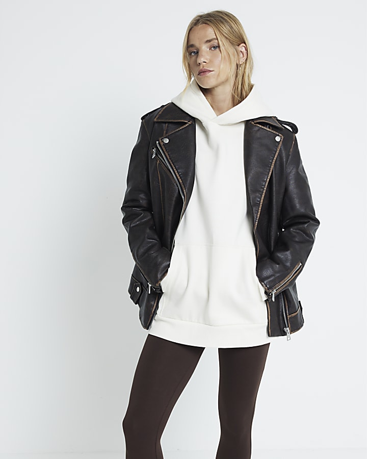 Brown faux leather oversized biker jacket