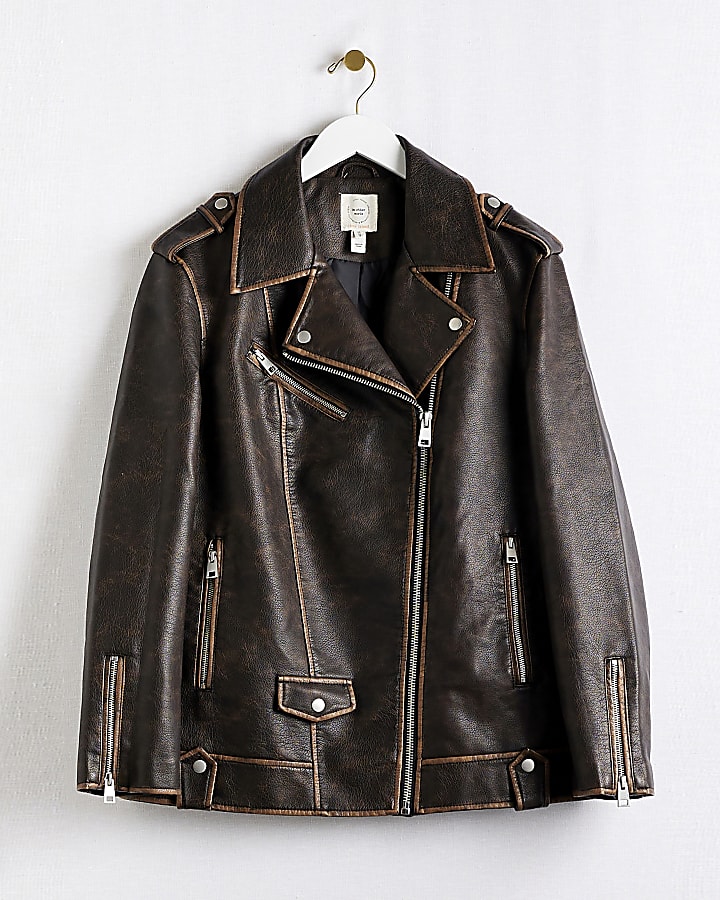 Brown faux leather oversized biker jacket