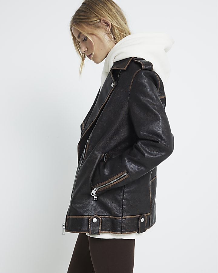 Brown faux leather oversized biker jacket