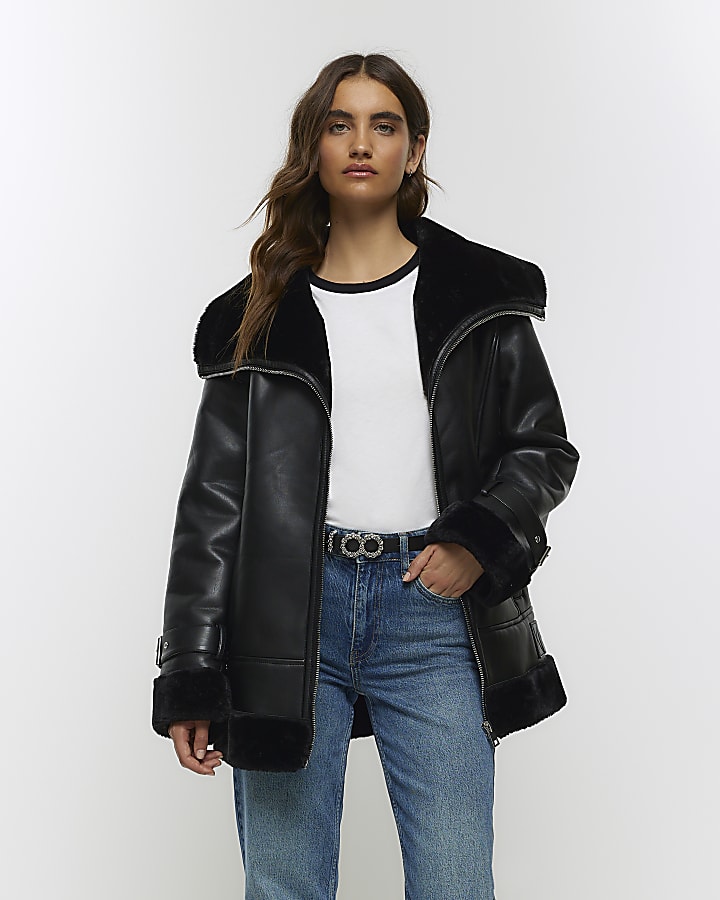 Faux leather aviator jacket womens best sale