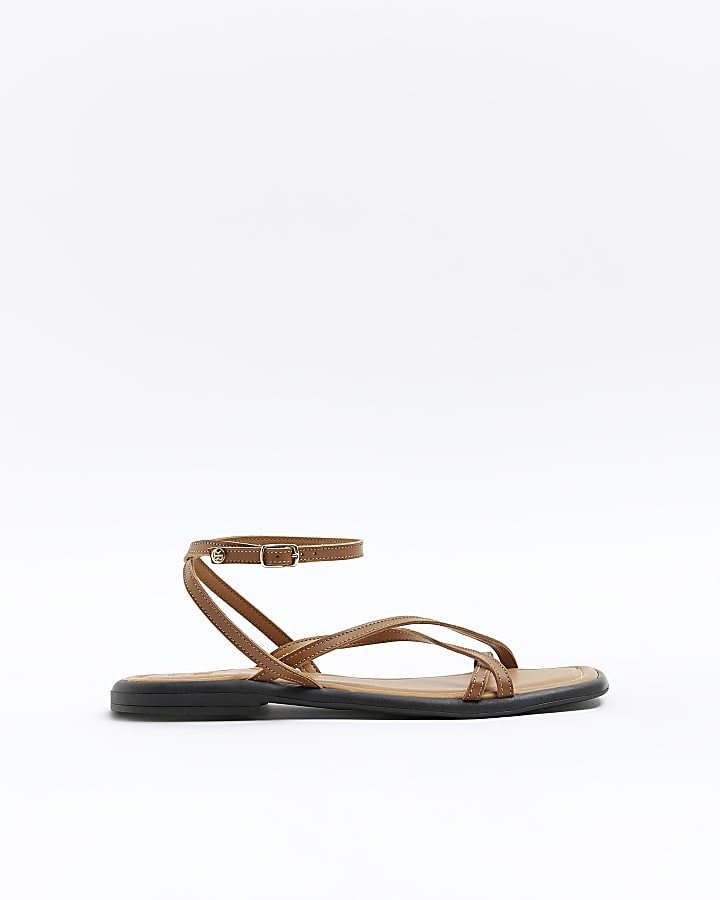 Brown leather strappy sandals River Island