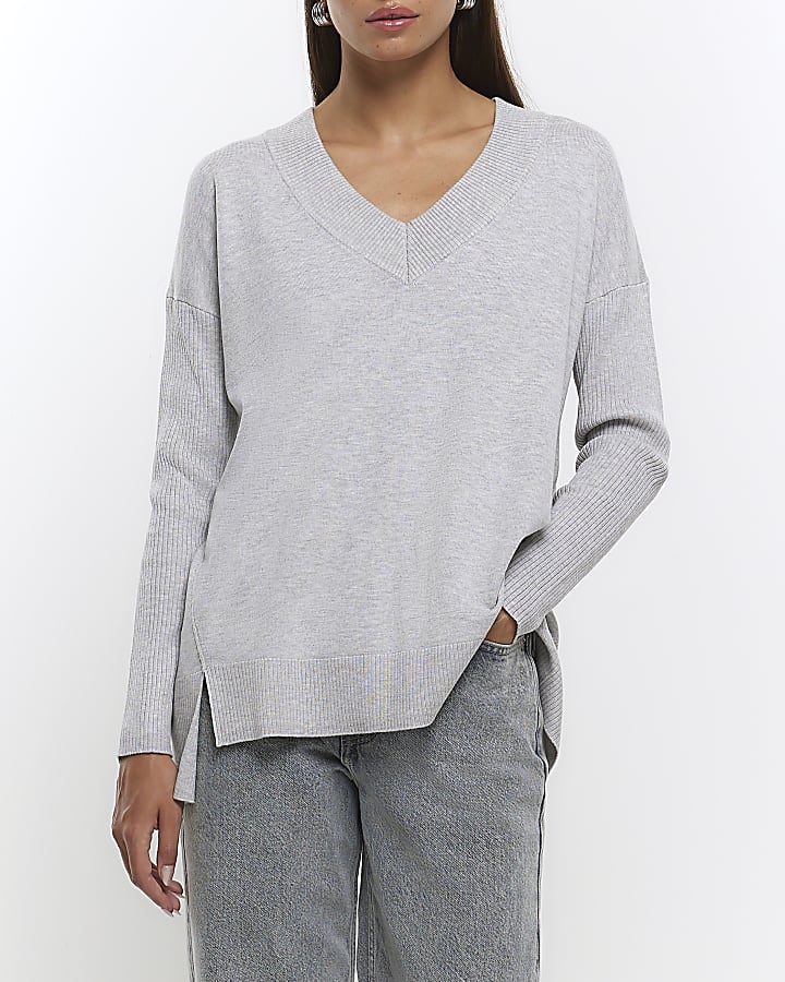 Grey v neck jumper River Island