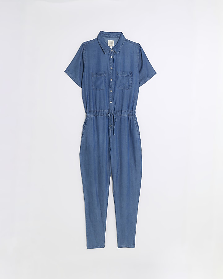 Denim short sleeve jumpsuit