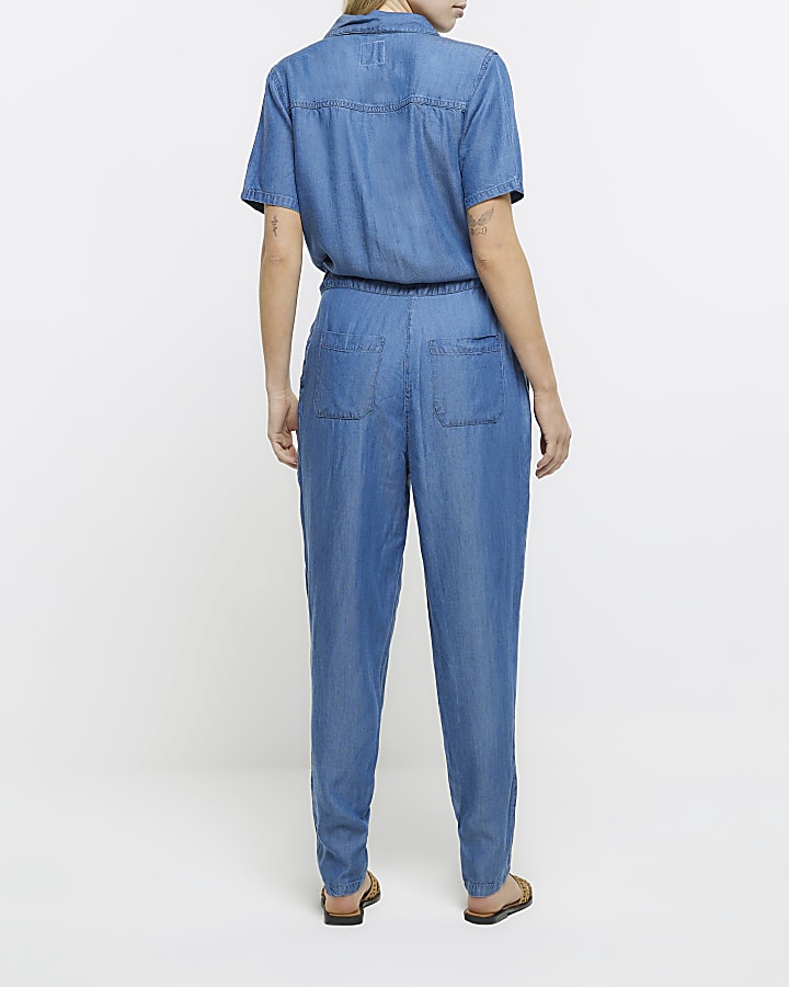 Denim short sleeve jumpsuit