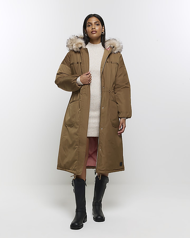 Khaki hooded longline parka coat River Island