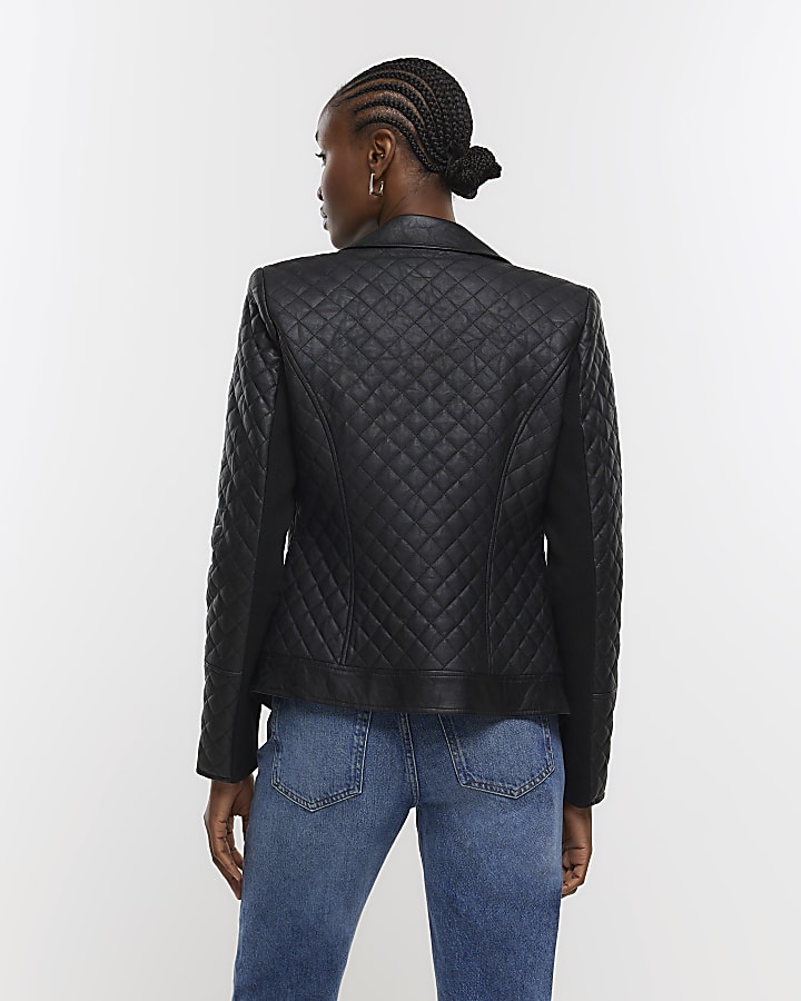 Black faux leather quilted blazer