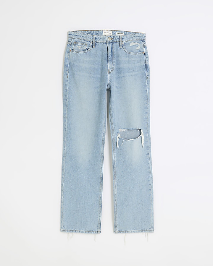 Blue high waist stove pipe straight leg jeans