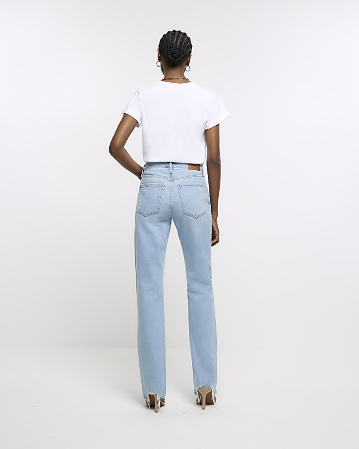 Blue high waist stove pipe straight leg jeans