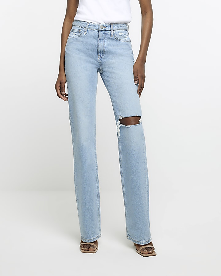 Blue high waist stove pipe straight leg jeans