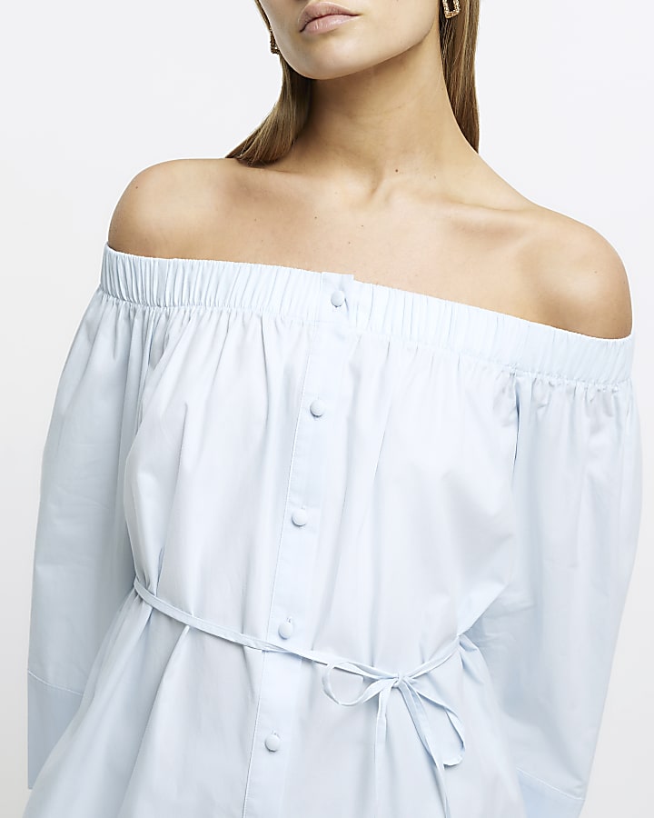 Blue tie waist bardot blouse