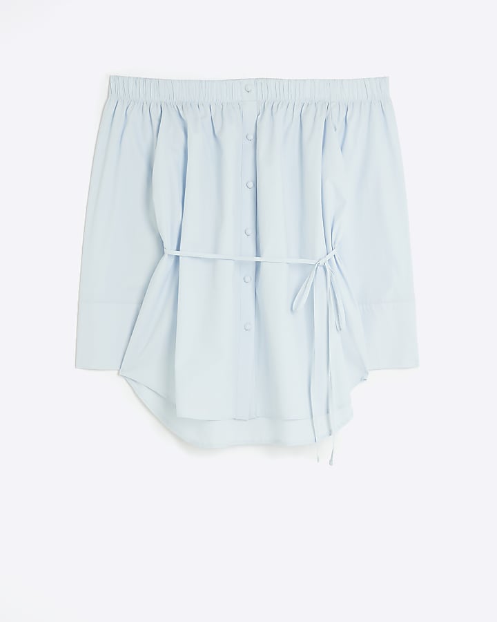 Blue tie waist bardot blouse