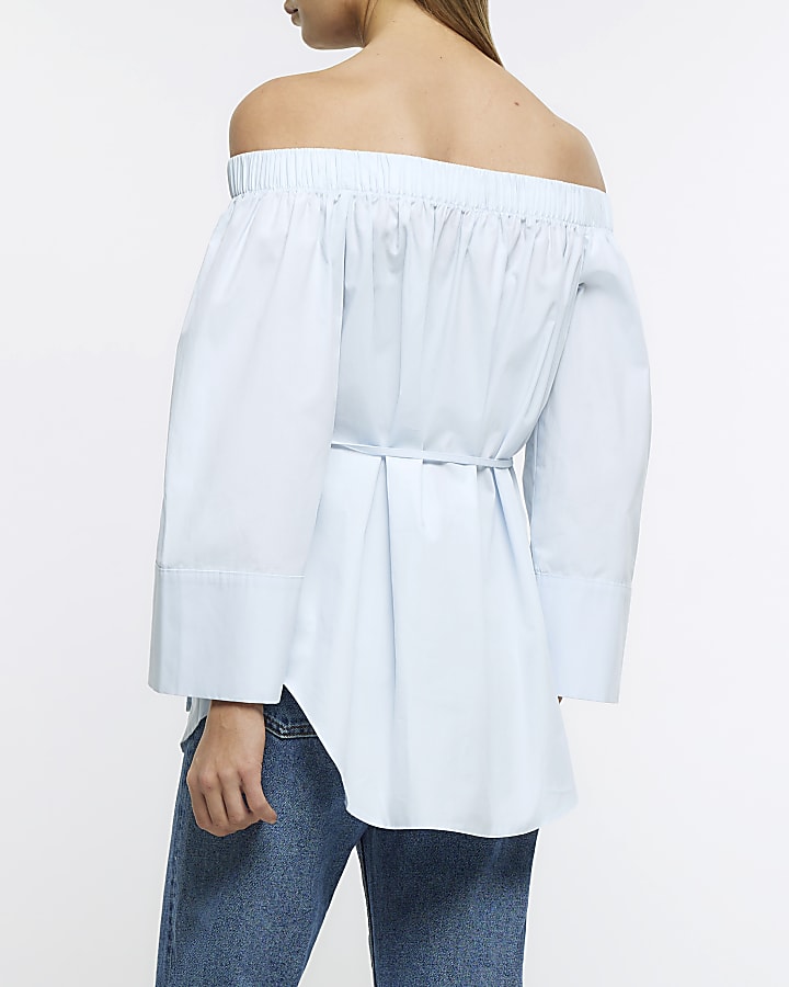 Blue tie waist bardot blouse