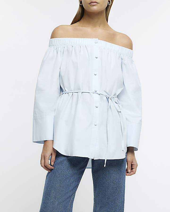 Blue tie waist bardot blouse