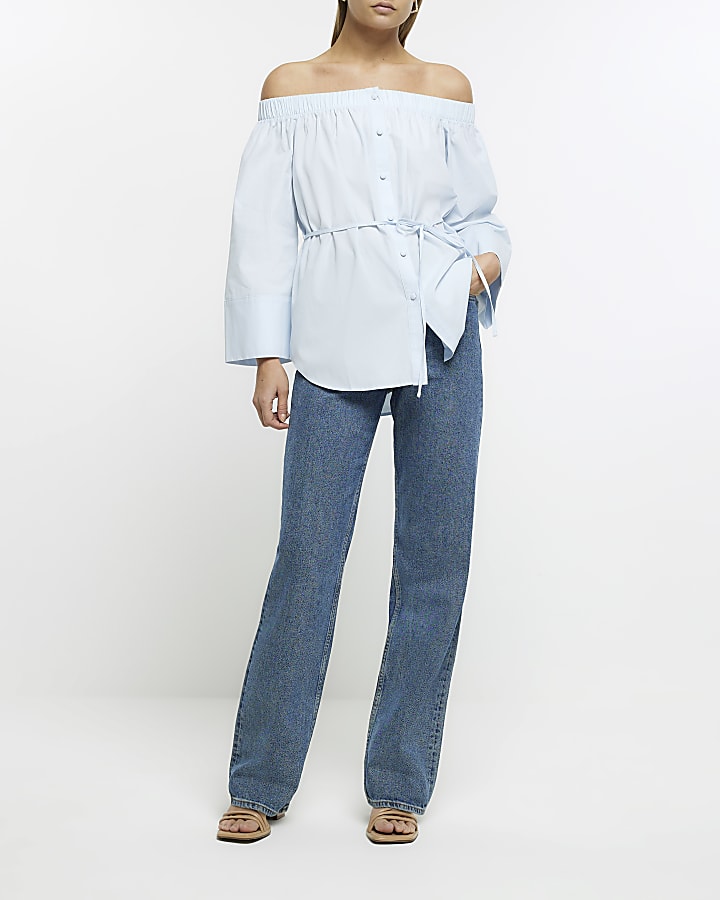 Blue tie waist bardot blouse