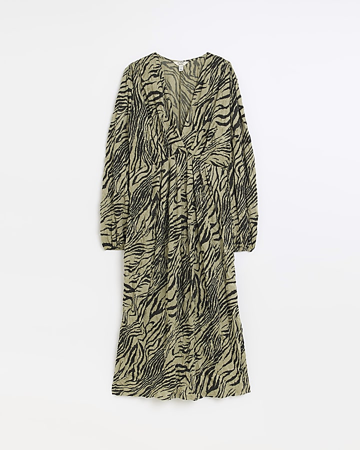 Khaki animal print crinkle midi dress