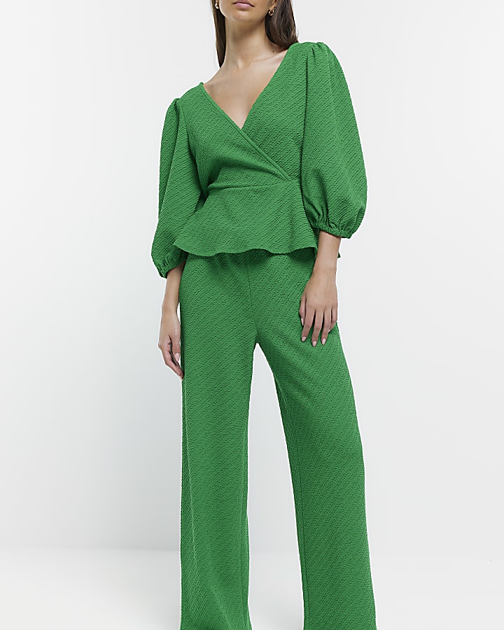 Green - Bright Pull On Wide leg textured Trs