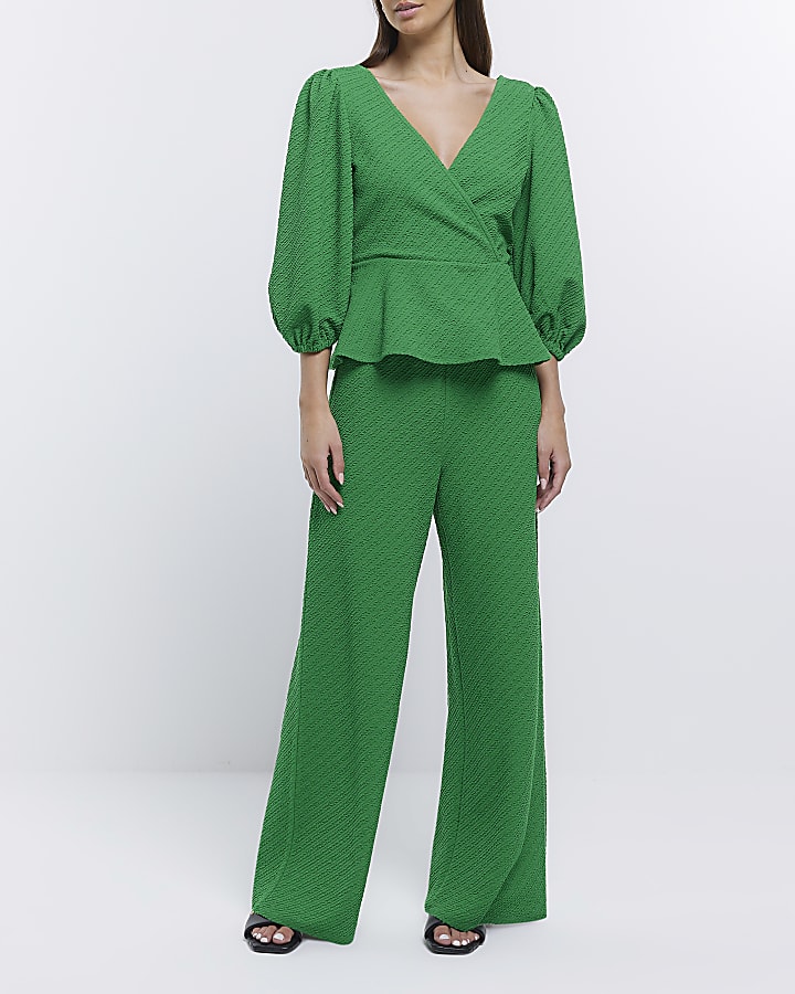 Green - Bright Pull On Wide leg textured Trs