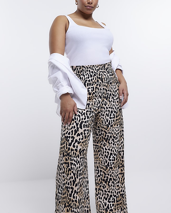 Plus beige leopard print flare trousers