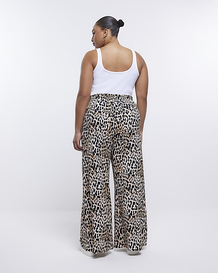 Plus beige leopard print flare trousers