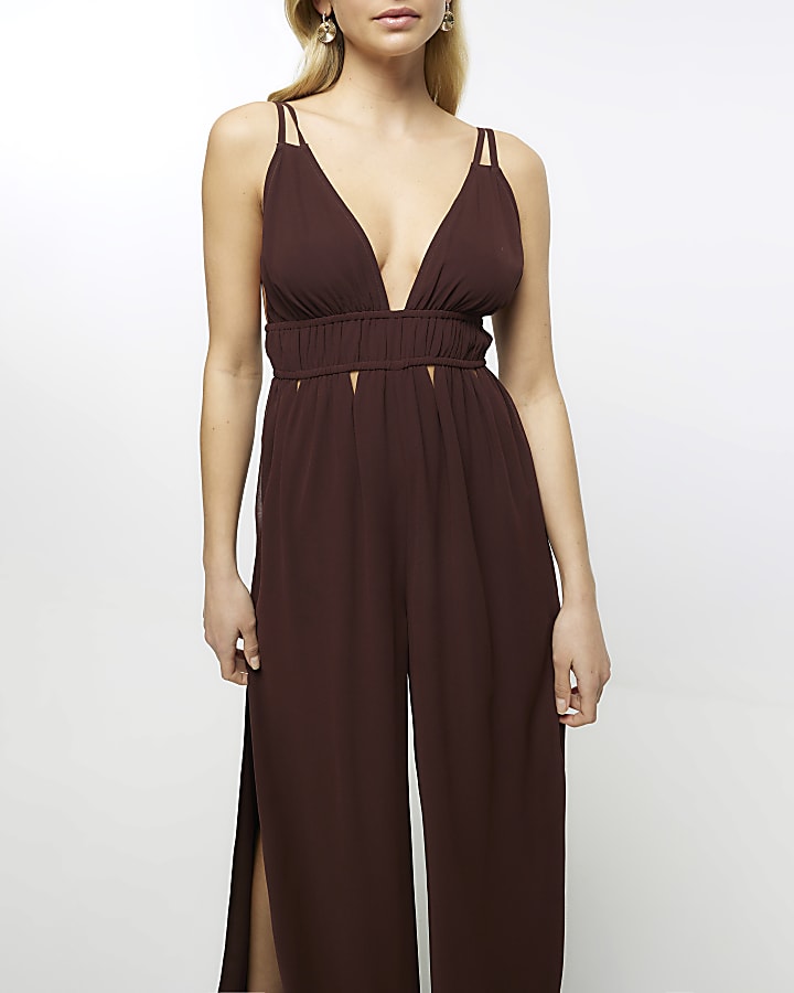 Brown Plunge Cut Out Jumpsuit