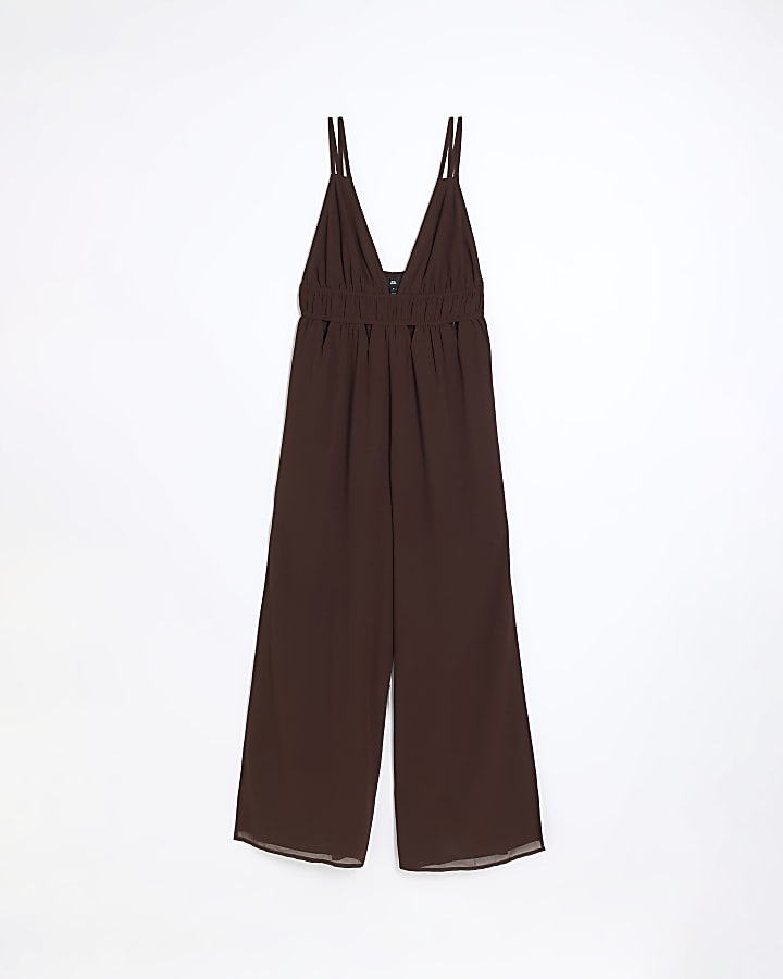 Brown Plunge Cut Out Jumpsuit