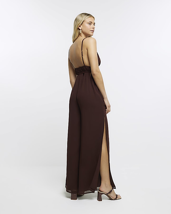 Brown Plunge Cut Out Jumpsuit