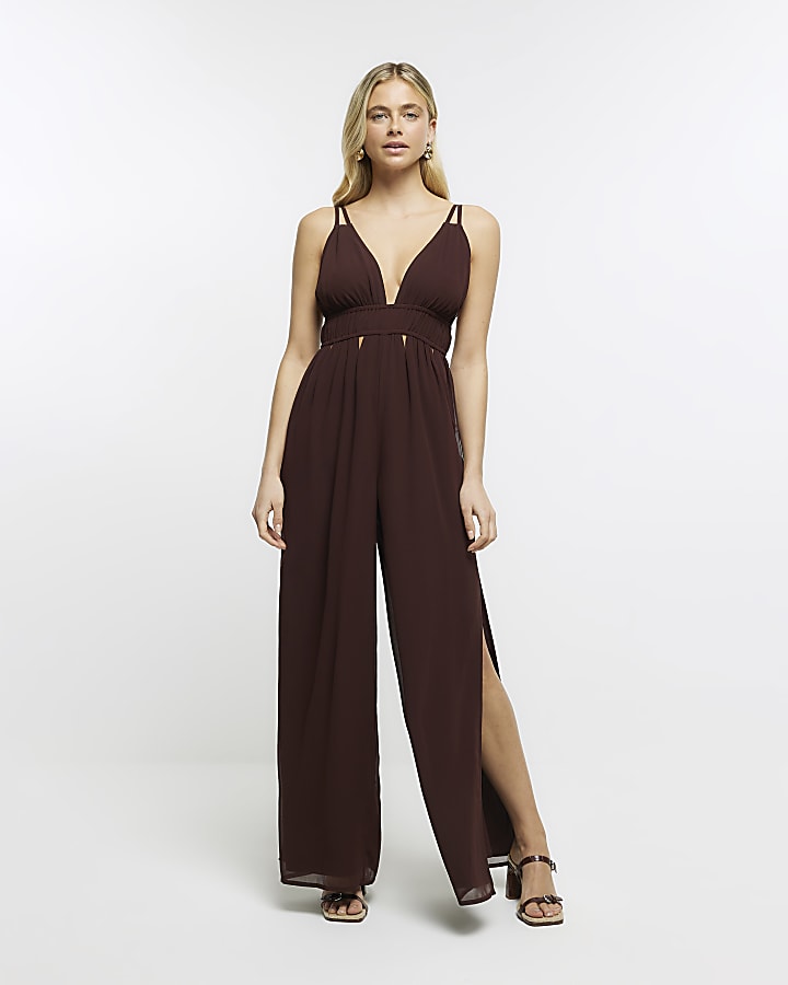 Brown Plunge Cut Out Jumpsuit