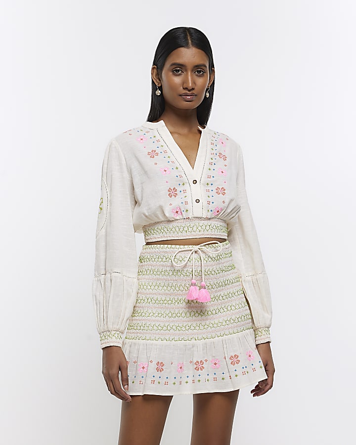 Cream embroidered shirred mini skirt River Island