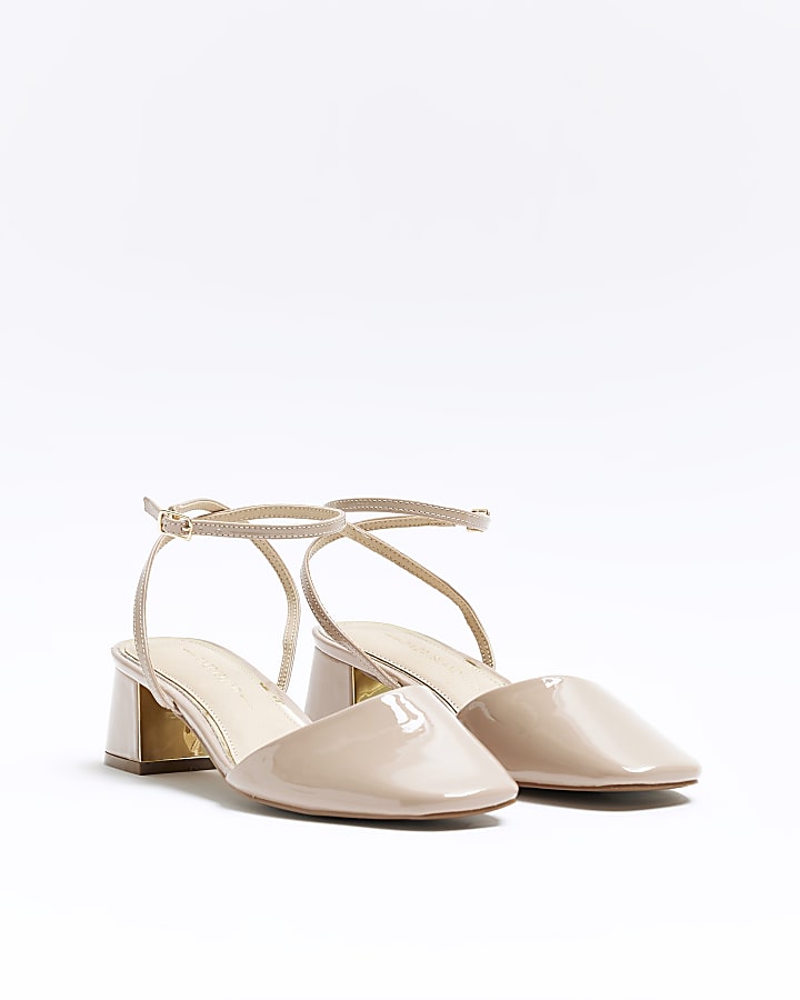 Beige block heeled court shoes