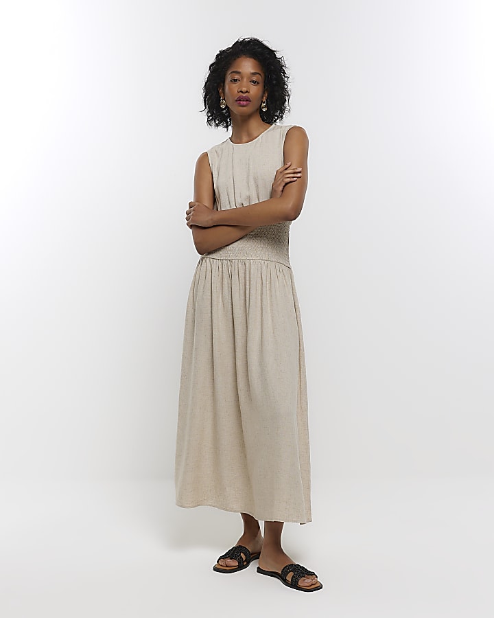 Beige midi dress with linen River Island