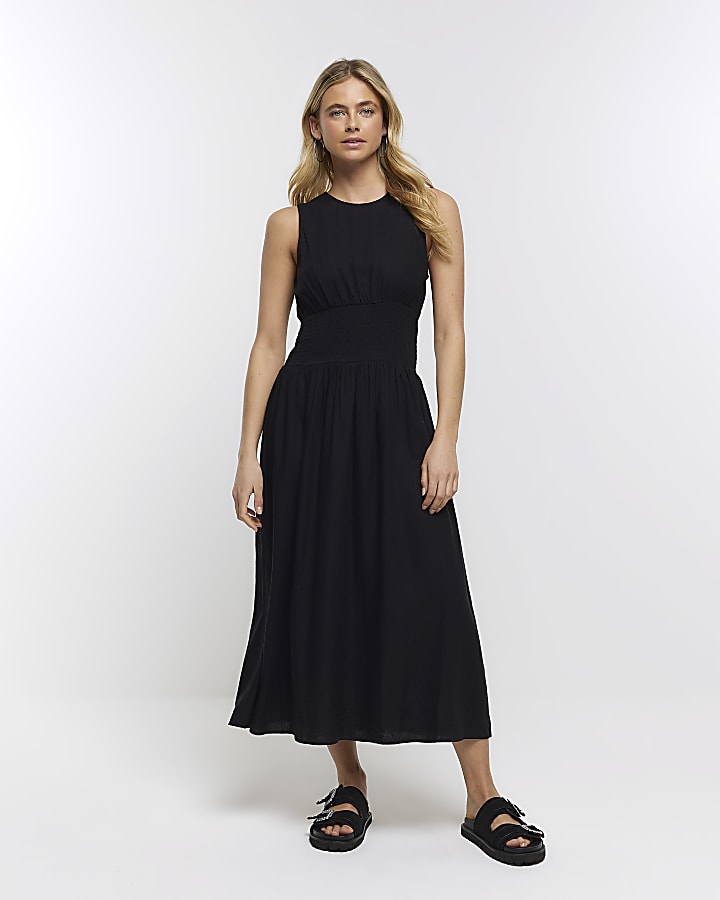 Black midi linen dress hotsell