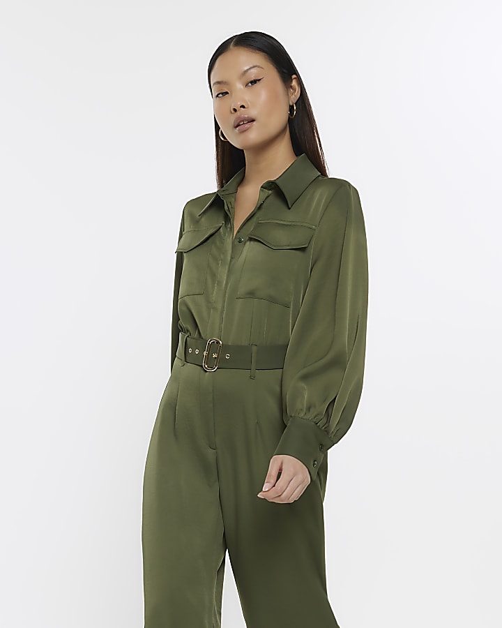 Petite khaki belted wide leg jumpsuit