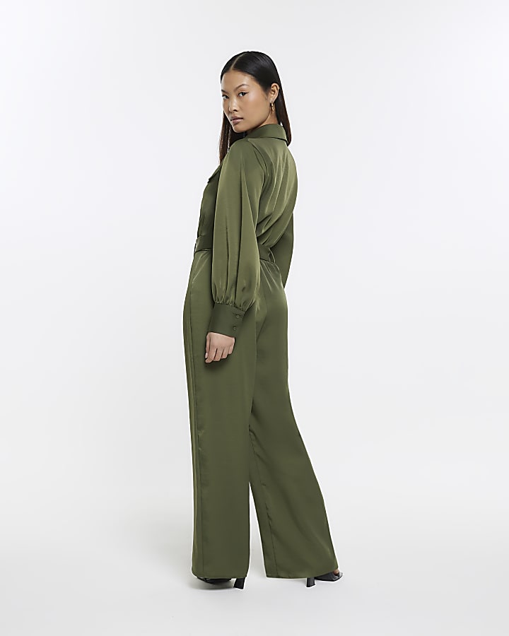 Petite khaki belted wide leg jumpsuit