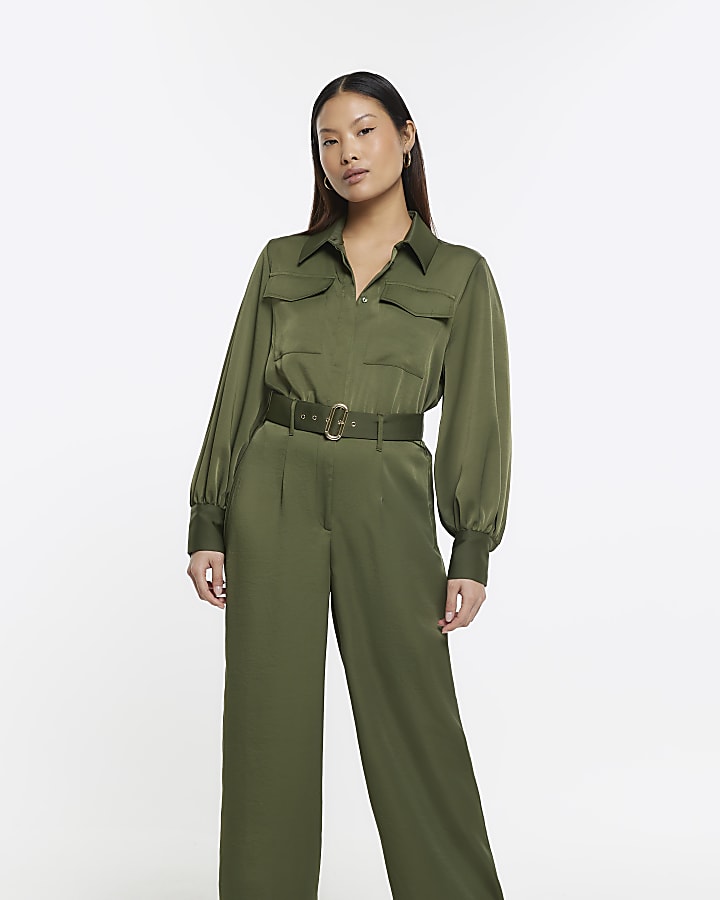 Petite khaki belted wide leg jumpsuit