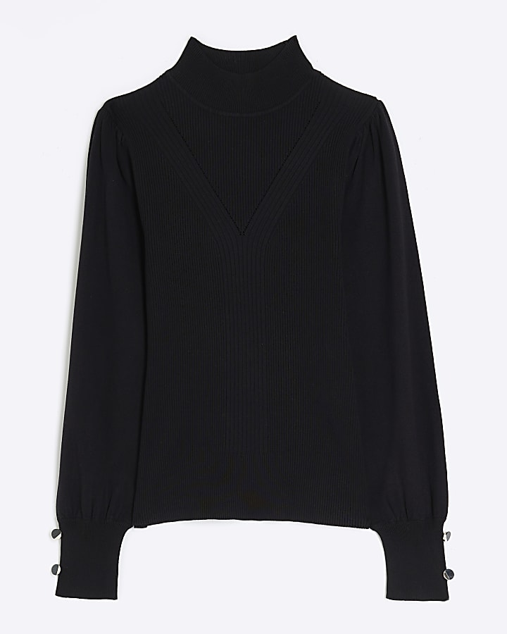 Black Rib Mix Roll Neck Top