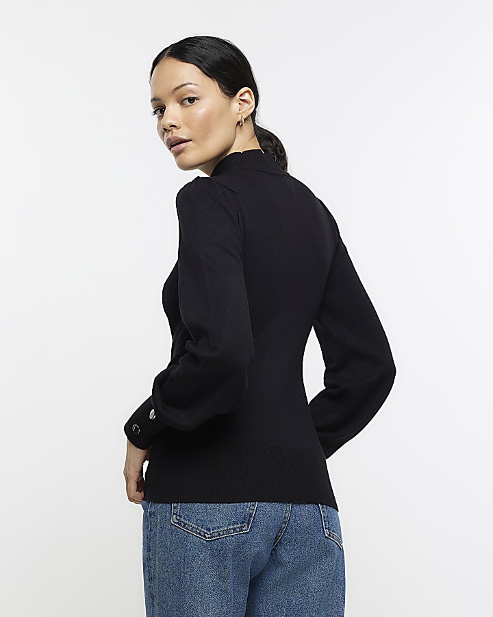 Black Rib Mix Roll Neck Top