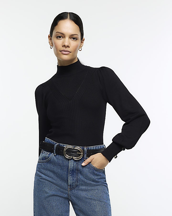 Black Rib Mix Roll Neck Top