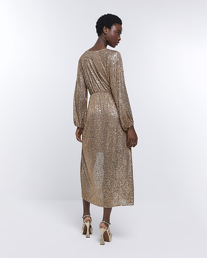 Gold sequin long sleeve wrap dress