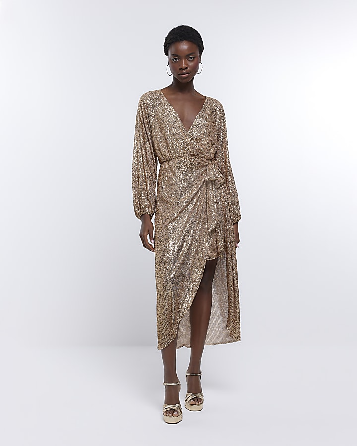 Gold sequin long sleeve wrap dress River Island