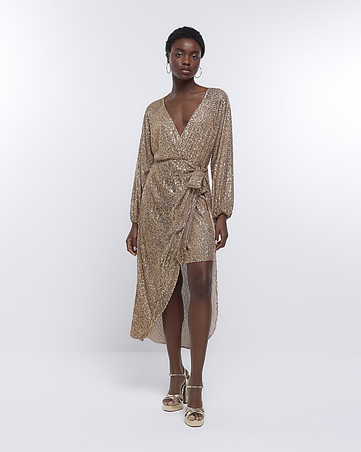 Gold sequin long sleeve wrap dress