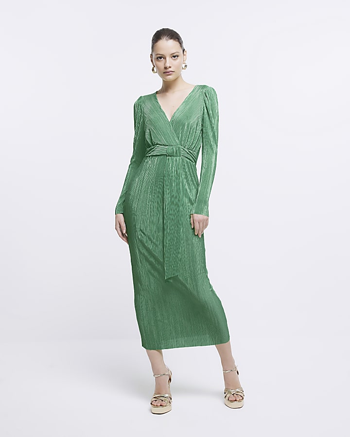 Green plisse wrap bodycon midi dress River Island