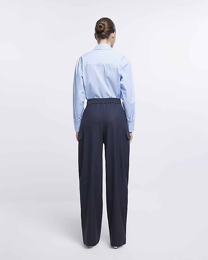 Navy pinstripe wide leg cargo trousers